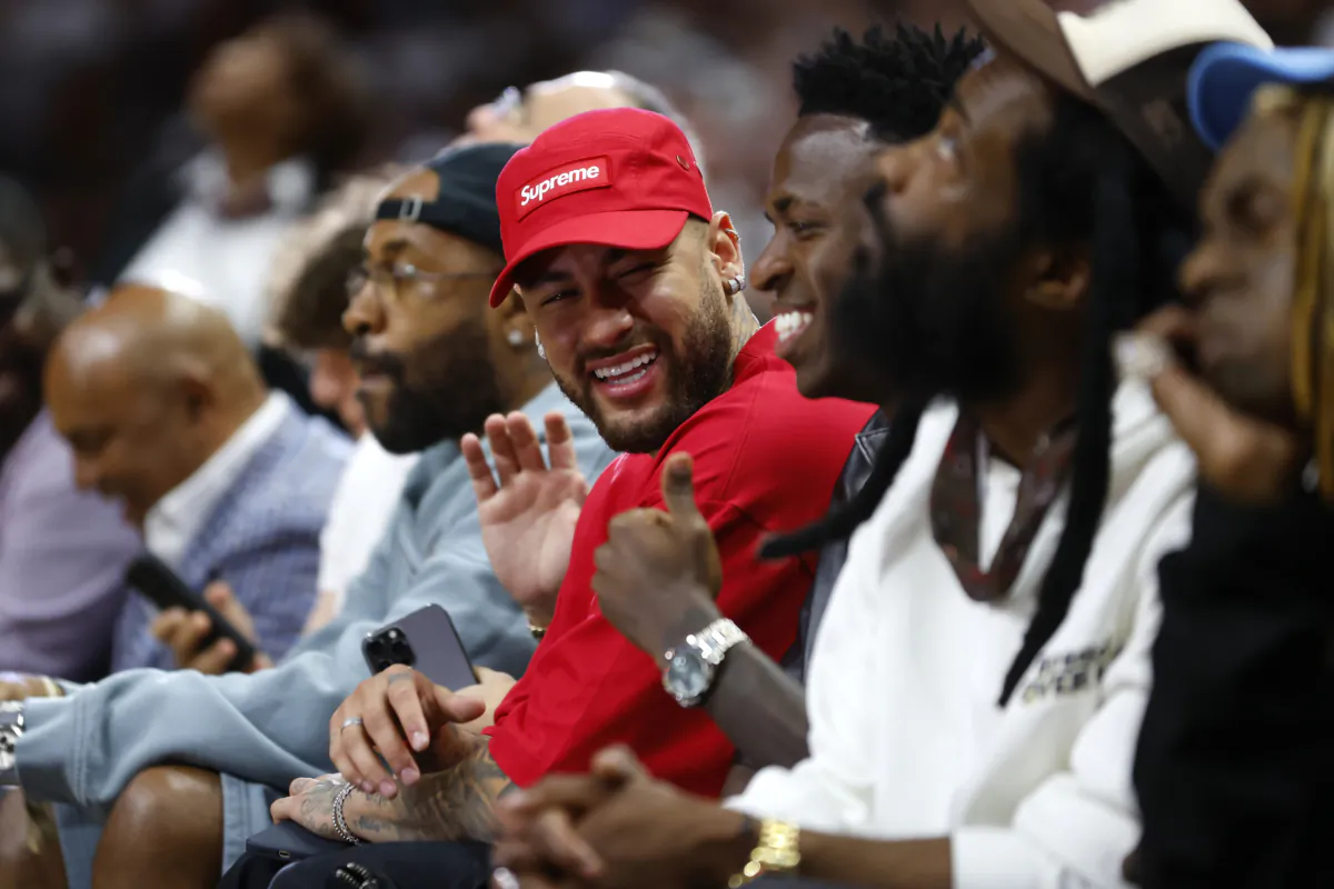 Neymar and Paul Pogba are seen in attendance during Game Four of the 2023 NBA Finals between the Denver Nuggets and the Miami Heat at Kaseya Center in Miami on June 9, 2023. (Mike Ehrmann/Getty Images)