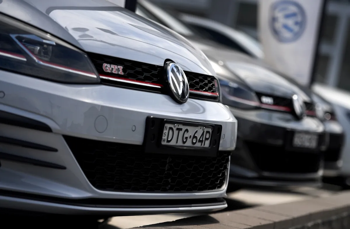 Volkswagen cars are parked in the forecourt of a inner city Volkswagen dealership in Sydney, Australia, on March 12, 2017. (William West/AFP via Getty Images)