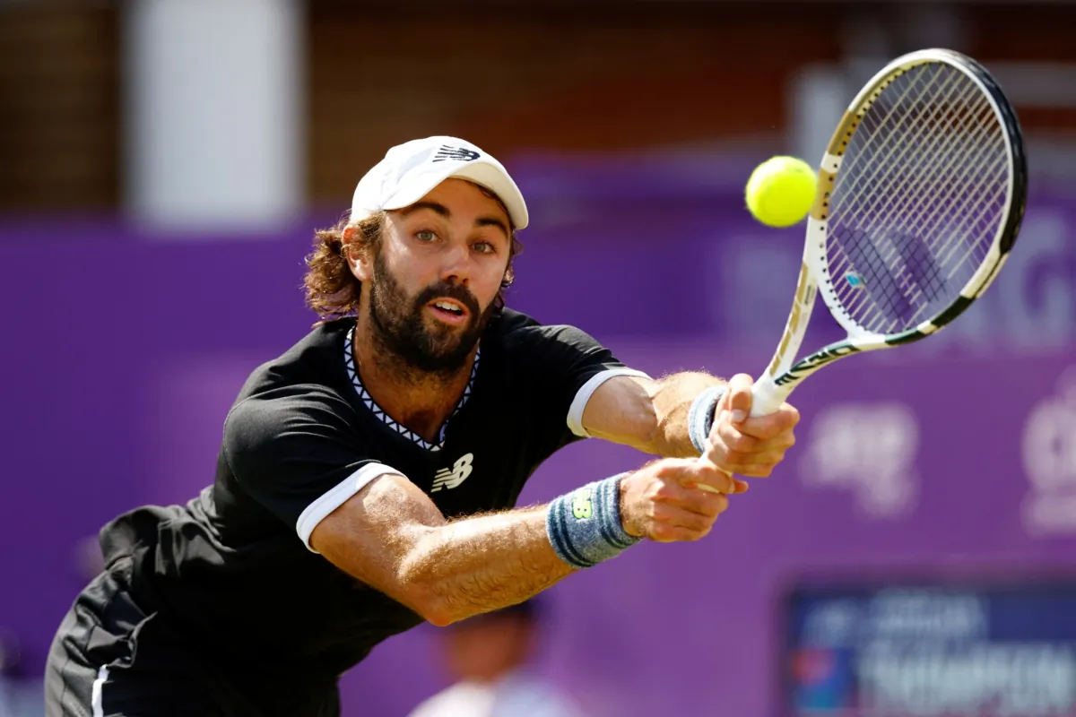 Australia's Jordan Thompson in action during his round of 16 match against Britain's Cameron Norrie Action during the Queen's Club Championships in London on June 21, 2023. (Peter Cziborra/Reuters)
