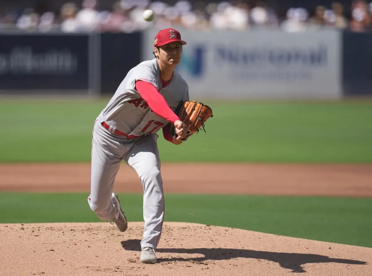 Los Angeles Angels starting pitcher Shohei Ohtani (17) throws a pitch against the San Diego Padres during the first inning at Petco Park in San Diego on Jul 4, 2023. (Ray Acevedo/USA TODAY Sports via Field Level Media)