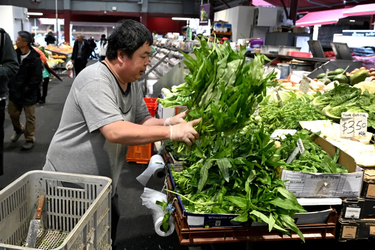 A vendor stocks his stall with fresh produce at the Queen Victoria Market in Melbourne on July 4, 2023 after the Reserve Bank of Australia (RBA) surprised analysts by leaving interest rates on hold at 4.1 per cent in July. (Photo by William WEST / AFP) (Photo by WILLIAM WEST/AFP via Getty Images)