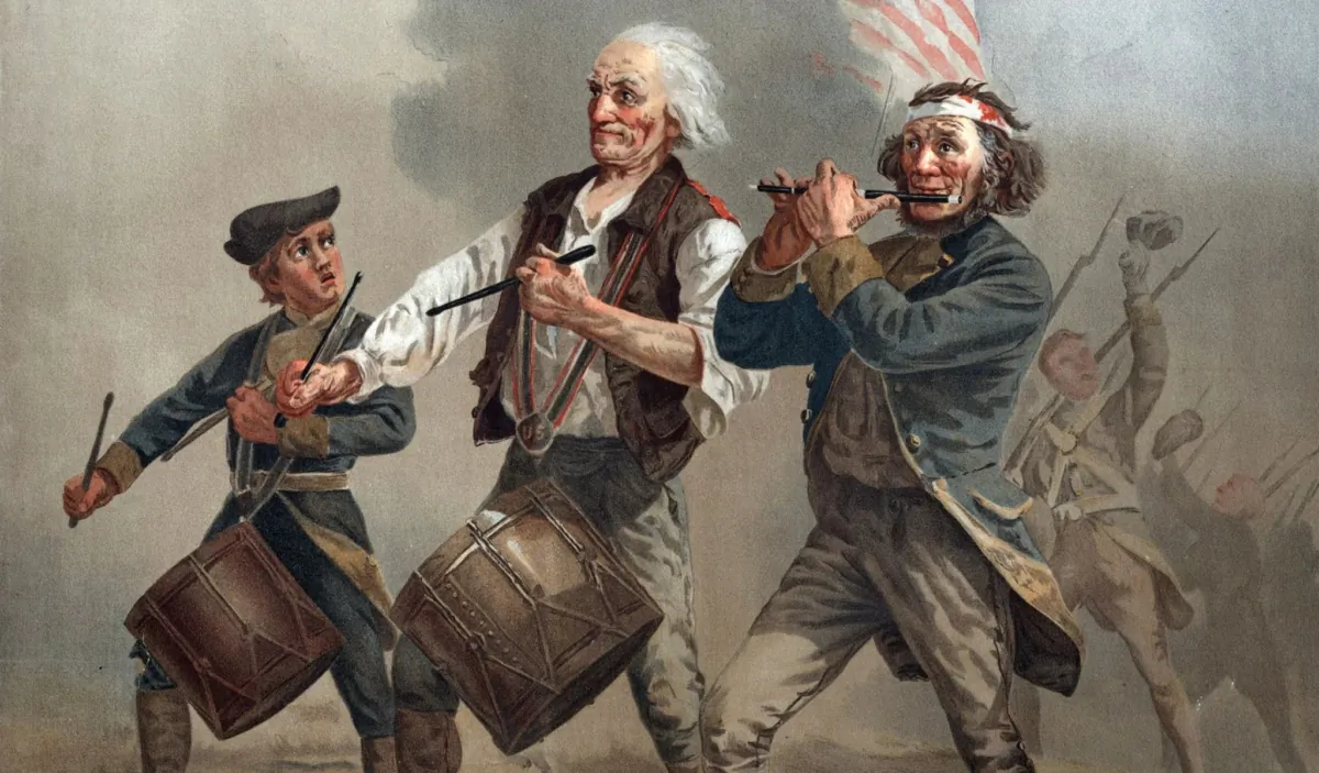 The American Revolution, Yankee Doodle 1776, three patriots, two playing drums and one playing a fife leading troops into battle, by Archibald M. Willard, circa 1876. (Everett Collection/Shutterstock)