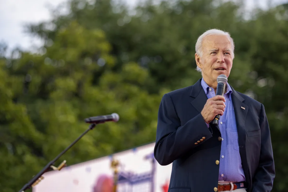President Joe Biden speaks on stage on the South Lawn of the White House on July 4, 2023. (Tasos Katopodis/Getty Images)