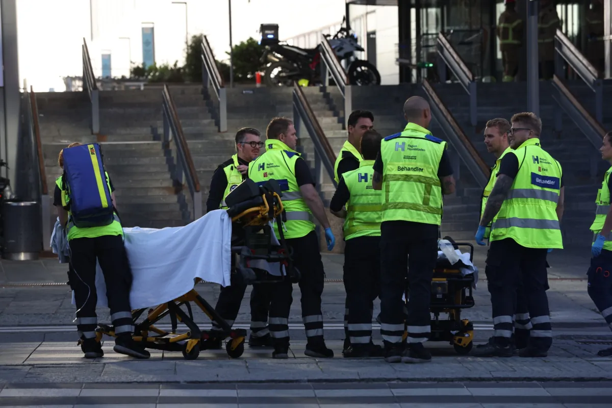 Emergency services at the Field's shopping center after a shooting in Copenhagen, Denmark, on July 3, 2022. (Olafur Steinar Gestsson/Ritzau Scanpix via AP)