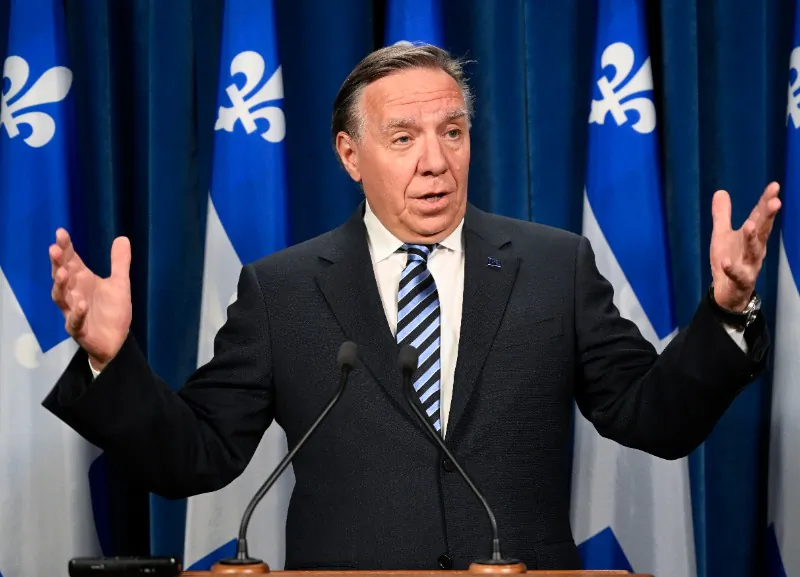 Quebec Premier Francois Legault responds to reporters questions at a news conference at the legislature in Quebec City on May 23, 2023. (The Canadian Press/Jacques Boissinot)