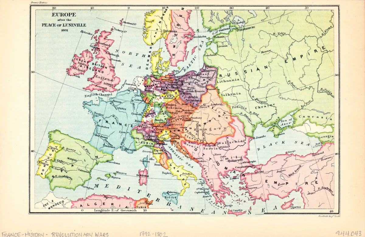 Color map of Europe, after the peace of Luneville, Feb. 9, 1801. (Archive Photos/Getty Images)