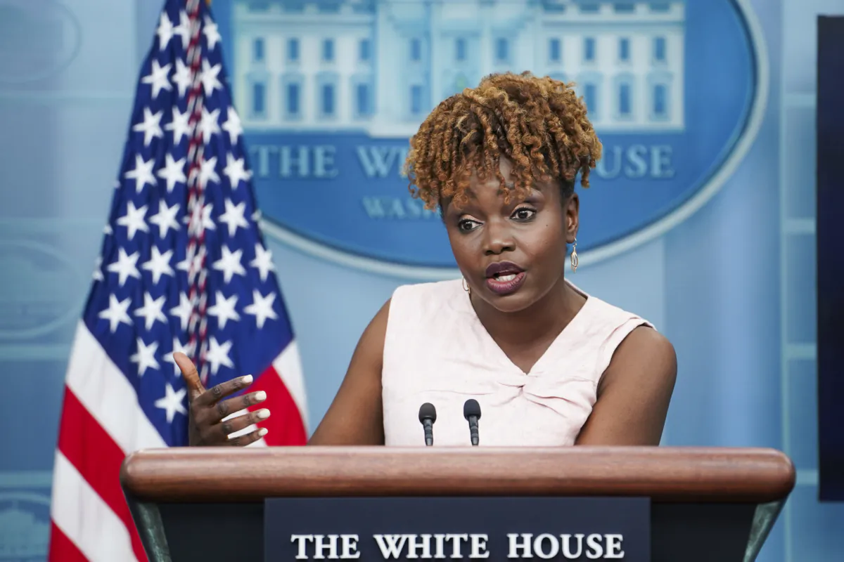 White House Press Secretary Karine Jean-Pierre speaks during a press briefing at the White House on July 5, 2023. (Madalina Vasiliu/The Epoch Times)