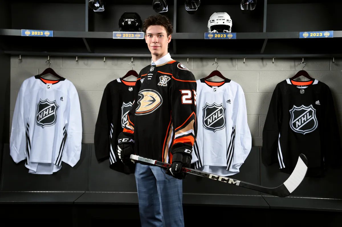 Nico Myatovic poses for a portrait after being selected 33rd overall by the Anaheim Ducks during the 2023 Upper Deck NHL Draft at Bridgestone Arena in Nashville, Tenn., on June 29, 2023. (Brian Babineau/NHLI via Getty Images)