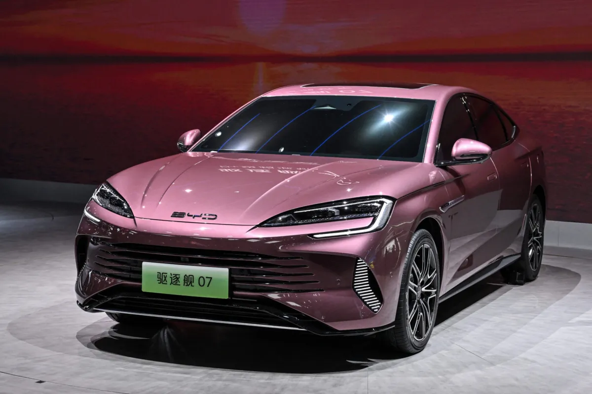A BYD Destroyer 07 car is displayed at the 20th Shanghai International Automobile Industry Exhibition in Shanghai on April 18, 2023. (Hector Retamal/AFP via Getty Images)