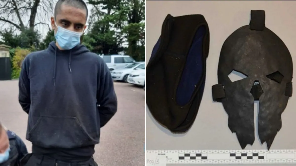 An image of Jaswail Singh Chail (L) - who had been wearing a mask (R) - after his arrest in the grounds of Windsor Castle in Windsor, England, on Dec. 25, 2021. (Metropolitan Police)