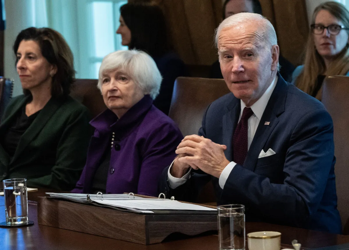 Secretary of Commerce Gina Raimondo and Treasury Secretary Janet Yellen look on as President Joe Biden speaks during a cabinet meeting in the Cabinet Room of the White House in Washington, D.C., on June 6, 2023. (Andrew Caballero-Reynolds / AFP / Getty Images)