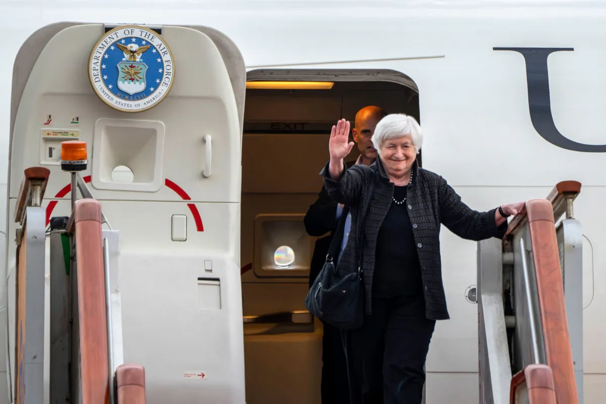 U.S. Treasury Secretary Janet Yellen arrives at Beijing Capital International Airport on July 6, 2023. (Mark Schiefelbein /POOL/AFP via Getty Images)