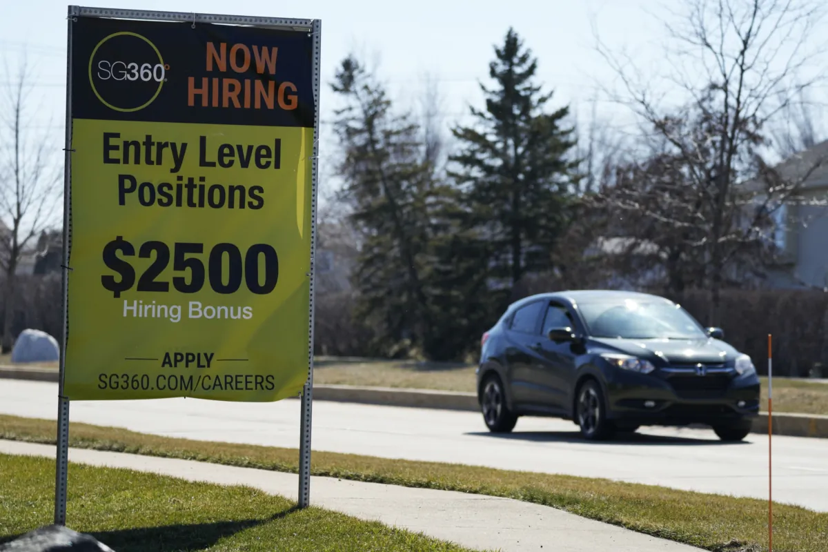 A hiring sign in Wheeling, Ill., on March 19, 2023. (Nam Y. Huh/AP Photo)