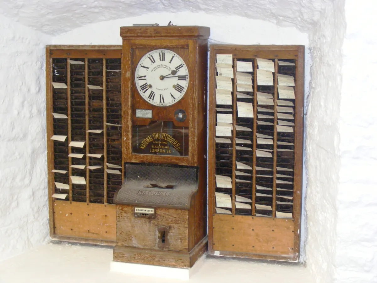 Time clock in the Museum at Wookey Hole Caves, on Sept. 20, 2008. (Rodw/Public Domain)