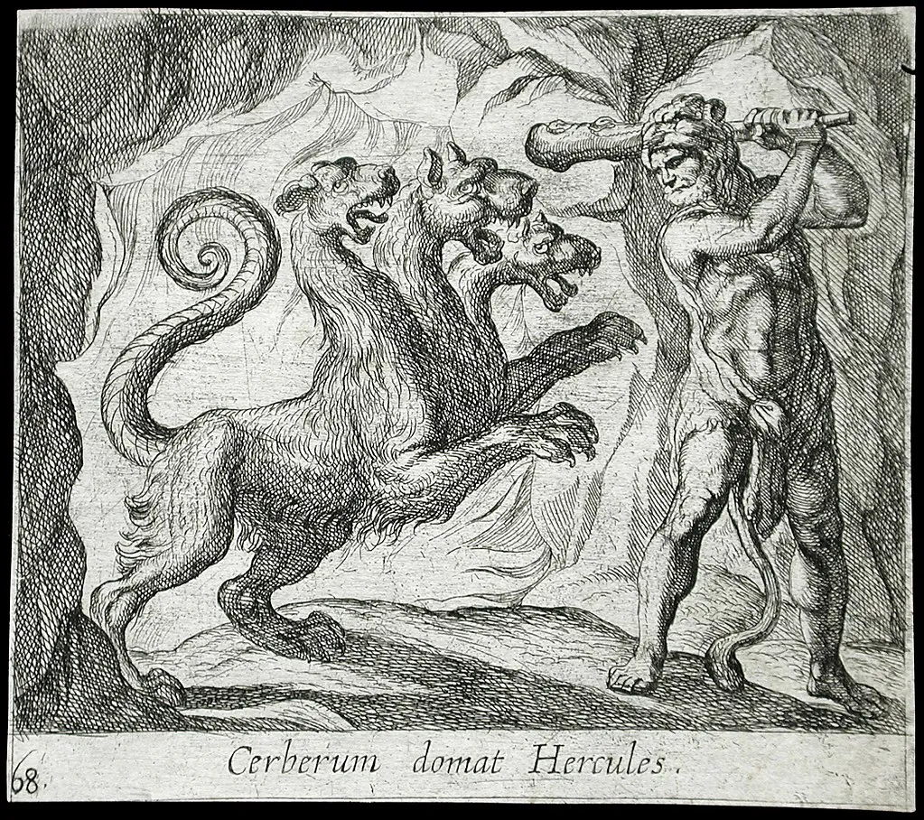 Hercules overcomes Cerberus, in Greek mythology. Etching by Antonio Tempesta, Italy.(Public Domain)