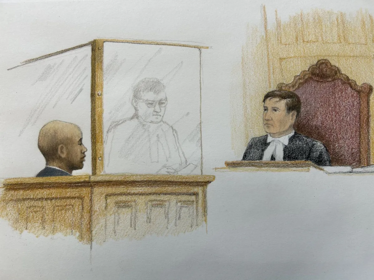 Yannick Bandaogo (left) appears in court before Justice Geoffrey Gaulin in New Westminster, B.C., on May 29, 2023 in this artist's sketch. (The Canadian Press/Jane Wolsak)
