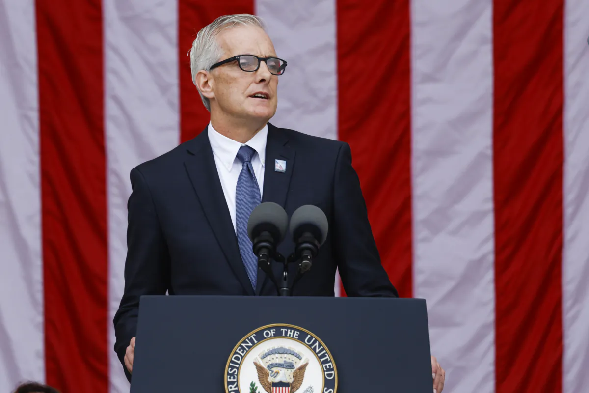 U.S. Veterans Affairs Secretary Denis McDonough gives remarks at a National Veterans Day Observance ceremony in the amphitheater of the Arlington National Ceremony  in Arlington, Virginia, on Nov. 11, 2022. (Anna Moneymaker/Getty Images)