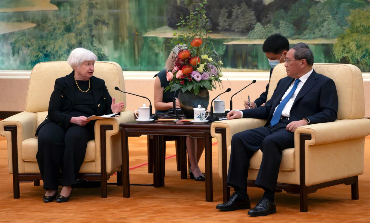 Chinese Premier Li Qiang (right) speaks with U.S. Treasury Secretary Janet Yellen during a meeting in Beijing on July 7, 2023. (Mark Schiefelbein/Pool/AFP via Getty Images)