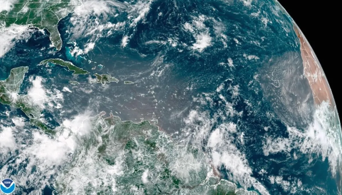 A satellite image of the tropical Atlantic Ocean on Thursday, July 6, 2023. A cloud of Saharan dust could be seen over the eastern Caribbean Sea, while another dust cloud was emerging off the coast of Africa. (US NOAA/GOES-EAST)