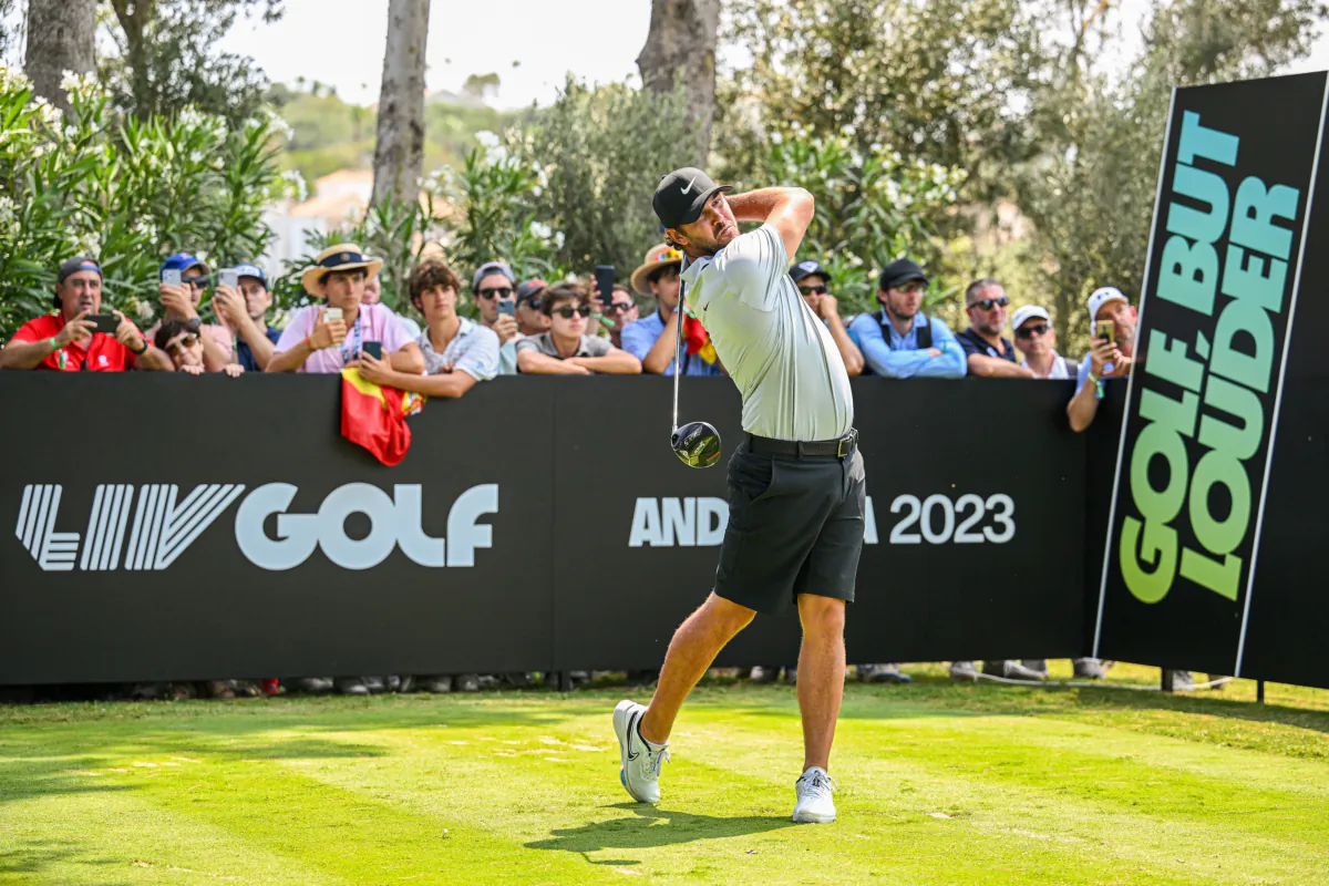 Brooks Koepka of Smash GC plays his tee shot on the 8th hole during day two of LIV Golf—Andalucia at Real Club Valderrama in Cadiz, Spain, on July 1, 2023. (Octavio Passos/Getty Images)