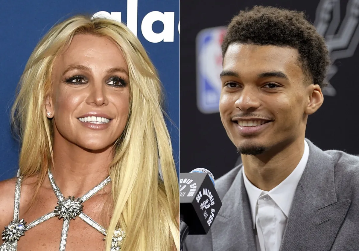 (Left) Britney Spears appears at the 29th annual GLAAD Media Awards in Beverly Hills, Calif., on April 12, 2018. (Chris Pizzello/AP Photos); (Right) San Antonio Spurs NBA basketball first round draft pick Victor Wembanyama speaks during a news conference in San Antonio on June 24, 2023. (Eric Gay/AP Photos)