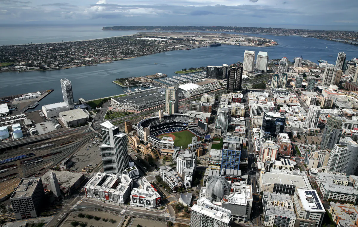 An aerial view of Petco Park stadium in San Diego on March 20, 2020. (Sean M. Haffey/Getty Images)