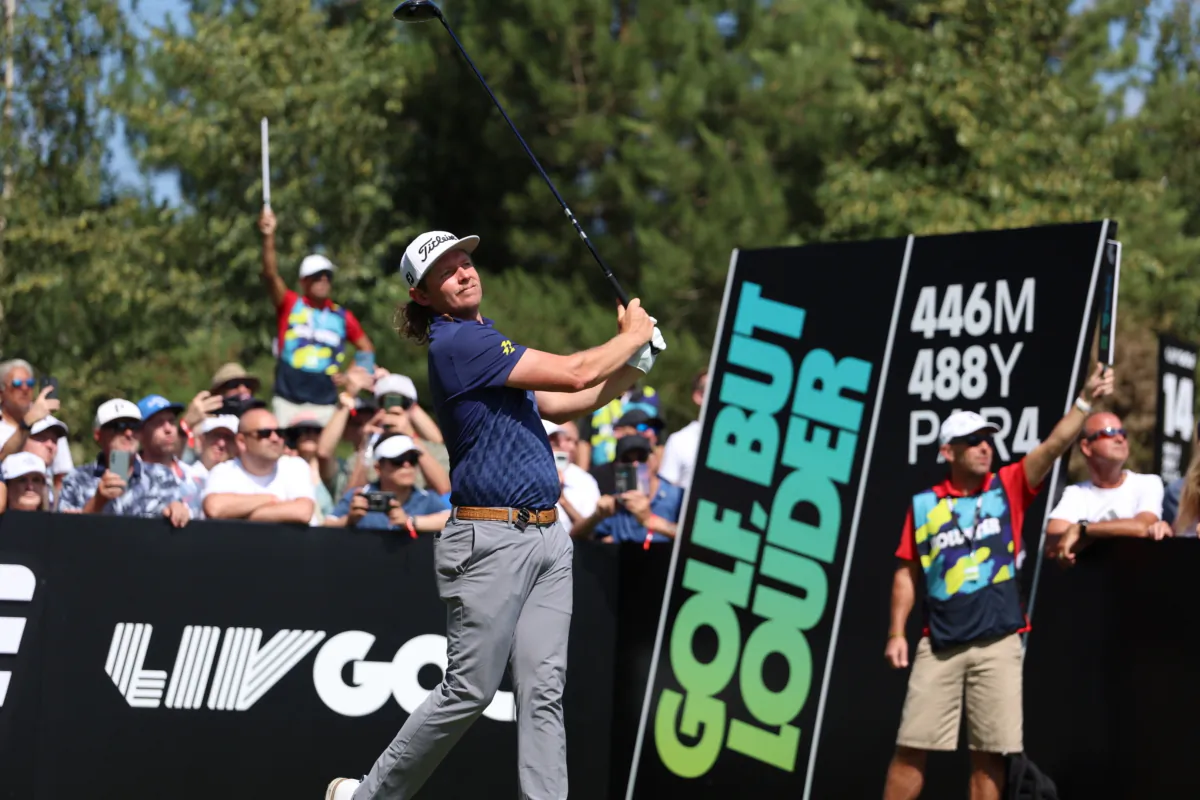 Cameron Smith of Australia tees off from the 6th hole during day one of LIV Golf—London at The Centurion Club in St Albans, England, on July 7, 2023. (Tom Dulat/Getty Images)