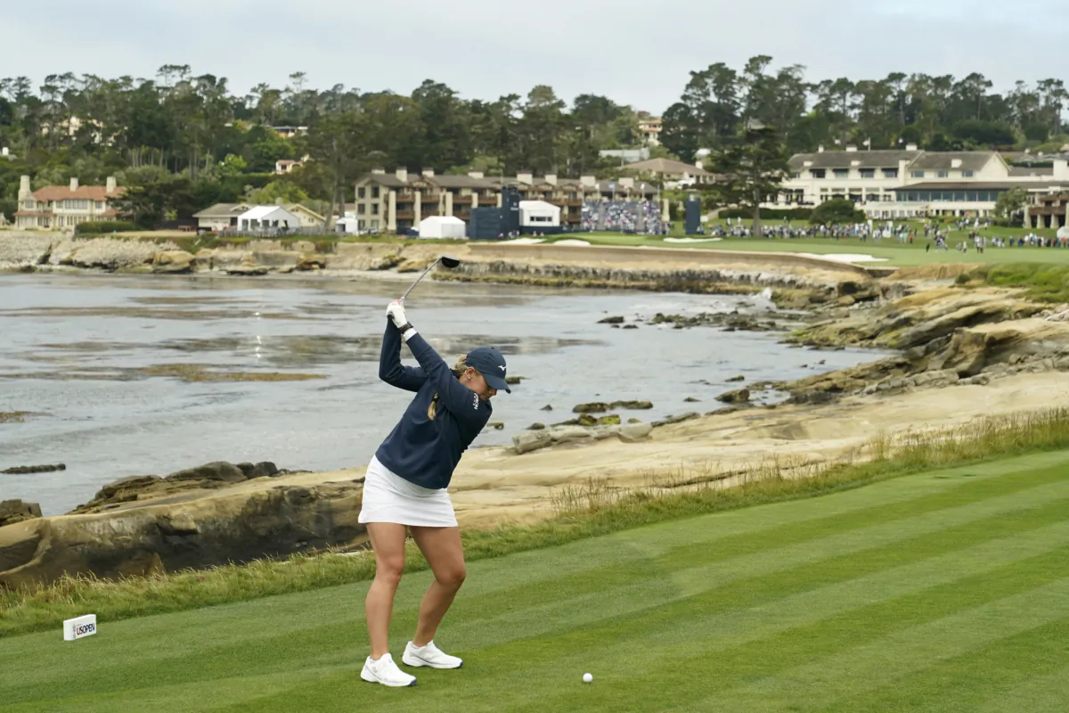 Bailey Tardy hits from the 18th tee during the second round of the U.S. Women's Open golf tournament at the Pebble Beach Golf Links, in Pebble Beach, Calif., July 7, 2023. (Godofredo A. Vásquez/AP Photo)