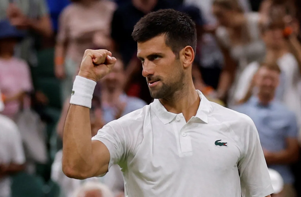 Serbia's Novak Djokovic celebrates winning his third round match against Switzerland's Stan Wawrinka during The Championships Wimbledon 2023 at All England Lawn Tennis and Croquet Club in London, Britain, on July 7, 2023. (Andrew Couldridge/Reuters)