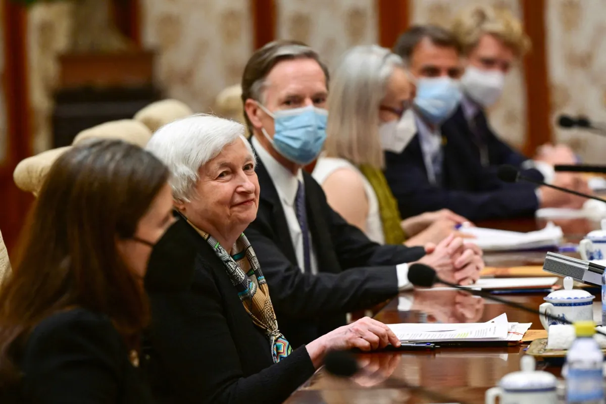 U.S. Treasury Secretary Janet Yellen (2nd L) attends a meeting with Chinese Vice Premier He Lifeng at the Diaoyutai State Guesthouse in Beijing on July 8, 2023. (Pedro Pardo/POOL/AFP via Getty Images)