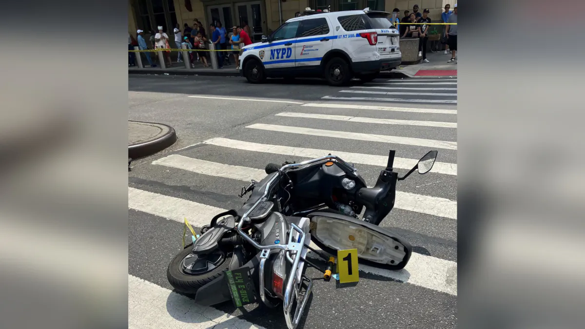 A motor scooter recovered at the scene of a shooting in the Queens borough of New York on July 8, 2023. (New York City Police Department via AP)