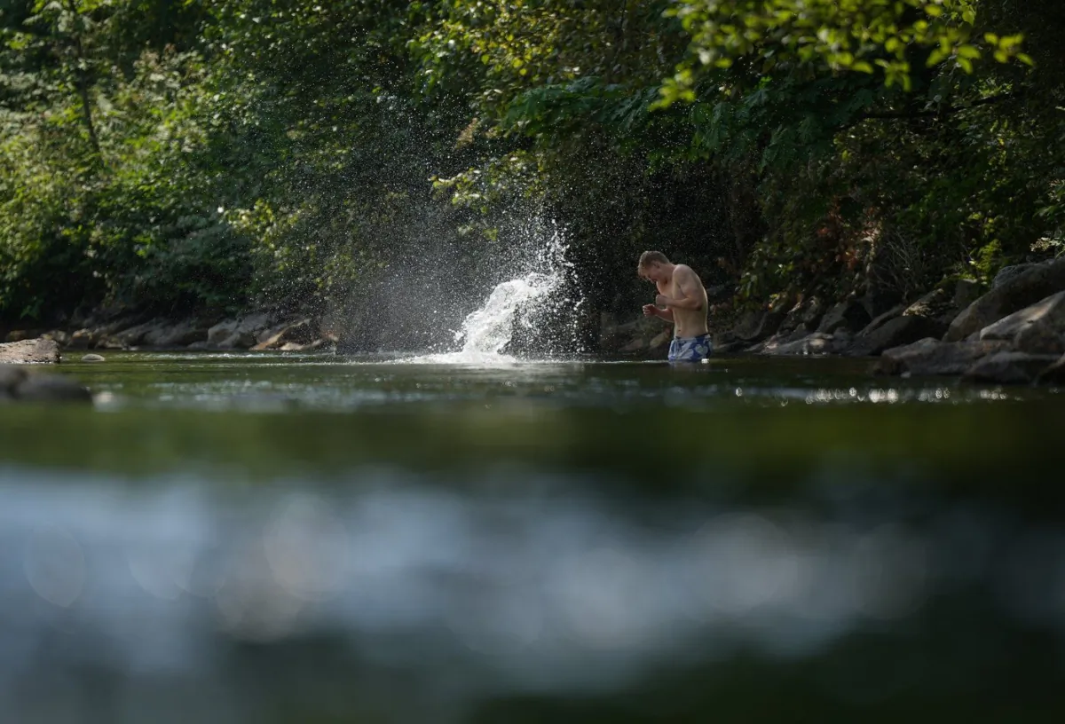 A person cools off in Lynn Creek in North Vancouver, B.C., on July 6, 2023. （The Canadian Press/Darryl Dyck)
