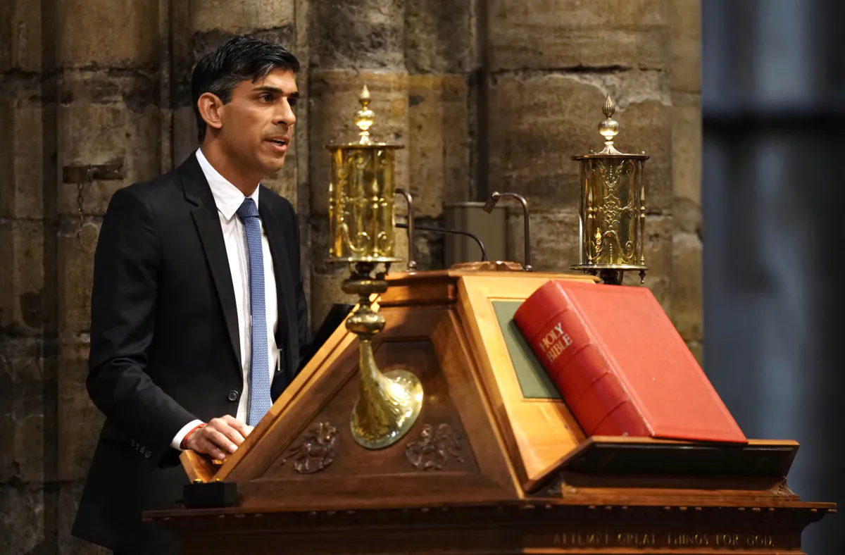 Prime Minister Rishi Sunak speaks at the NHS anniversary ceremony as part of the health service's 75th anniversary celebrations at Westminster Abbey, in London, on July 5, 2023. (Jordan Pettitt - Pool/Getty Images)