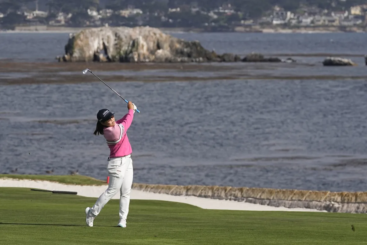 Nasa Hataoka of Japan hits from the 18th fairway during the third round of the U.S. Women's Open golf tournament at the Pebble Beach Golf Links in Pebble Beach, Calif., on July 8, 2023. (Darron Cummings/AP Photo)