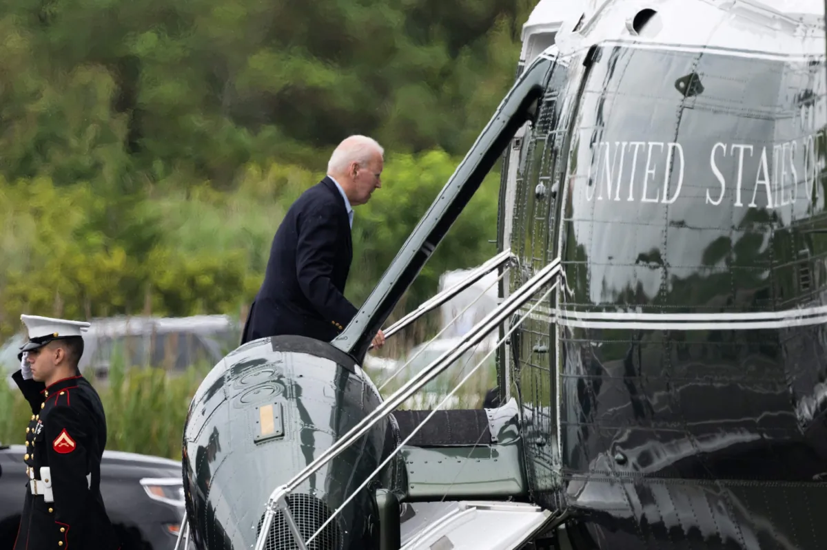 President Joe Biden boards Marine One at Gordons Pond State Park in Rehoboth Beach, Del., on July 9, 2023, as he departs for Dover Air Force Base before traveling to Europe. (Saul Loeb/AFP via Getty Images)