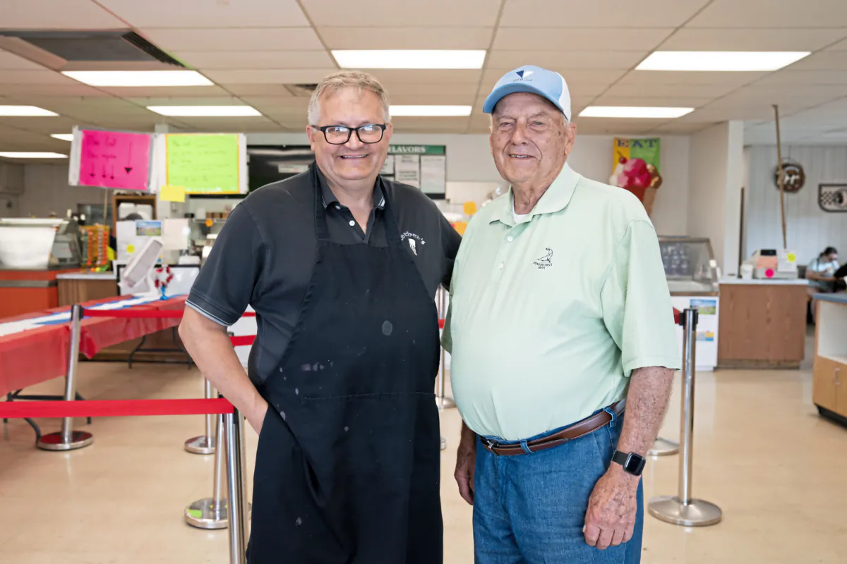 Tom Kerber Sr., right, and Tom Kerber Jr. pose for a photo at their family dairy and ice cream store Kerber's Diary on Tuesday, June 13, 2023, in Irwin, Pennsylvania. (Benjamin B. Braun/Pittsburgh Post-Gazette/TNS)