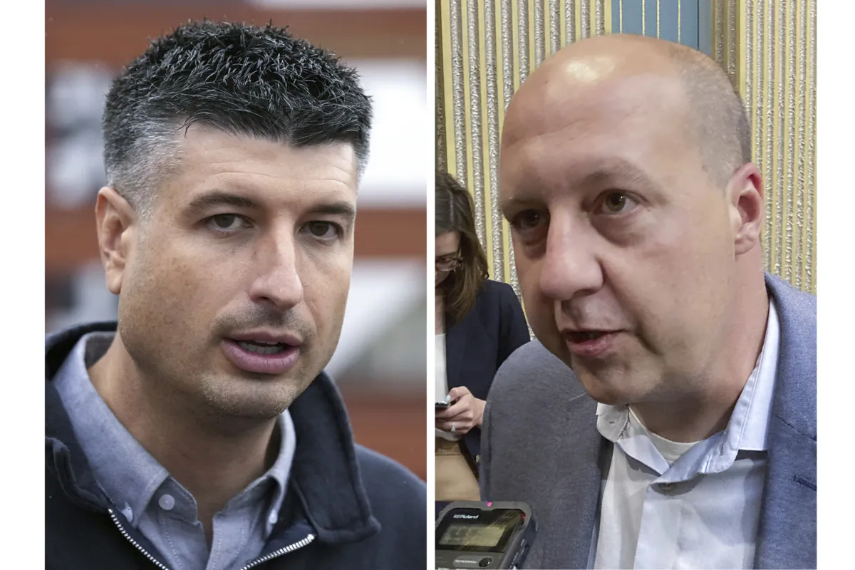 (Left) Michigan state Sen. Tom Barrett attends a campaign rally in Benton Township, Mich., on Nov. 4, 2022. (Right) Michigan state Sen. Curtis Hertel Jr. speaks with reporters in Lansing, Mich., on June 30, 2021. (AP Photo)