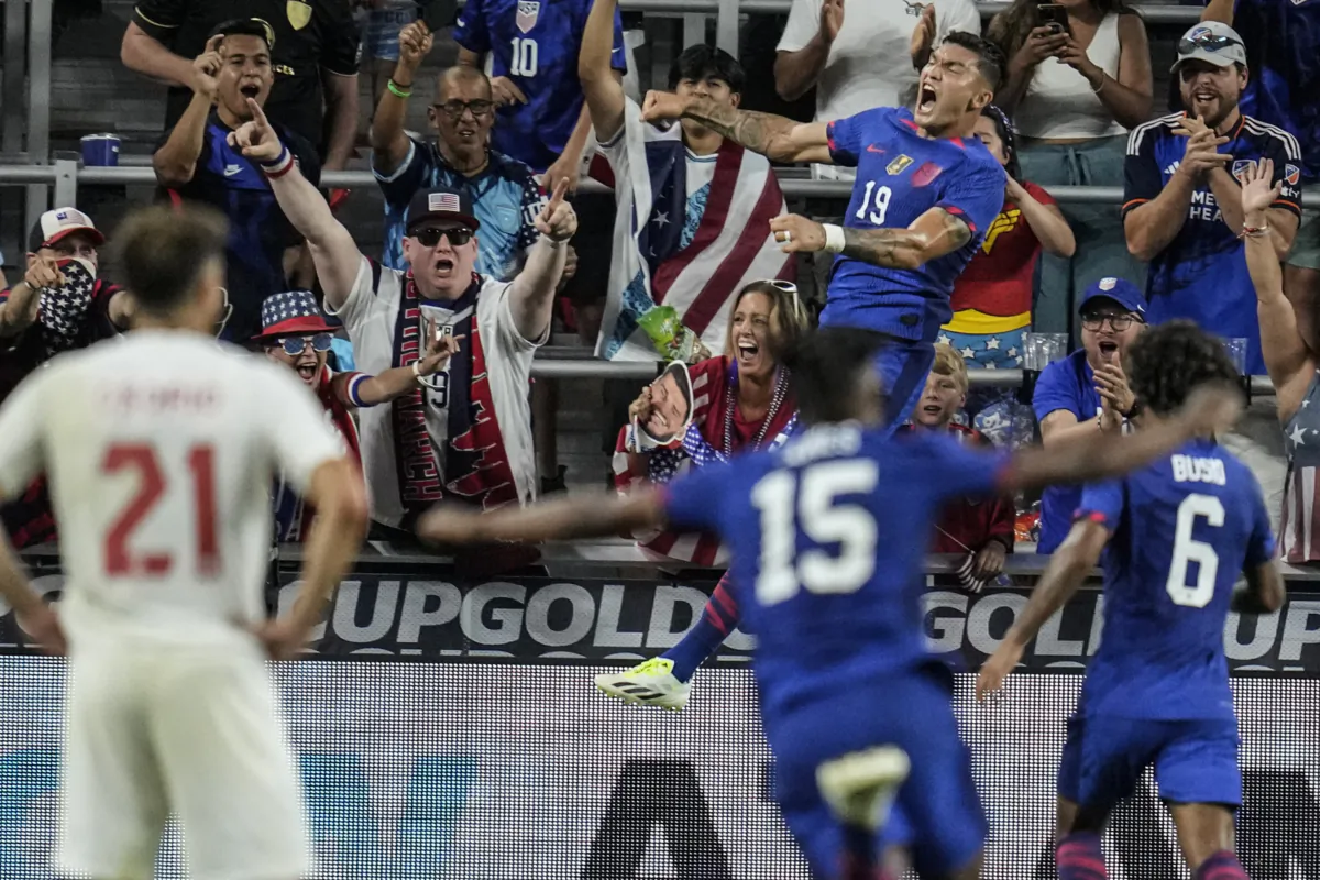 United States forward Brandon Vazquez (19) celebrates his goal against Canada during a CONCACAF Gold Cup semi-final soccer match, in Cincinnati on July 9, 2023. (Michael Conroy/AP Photo)
