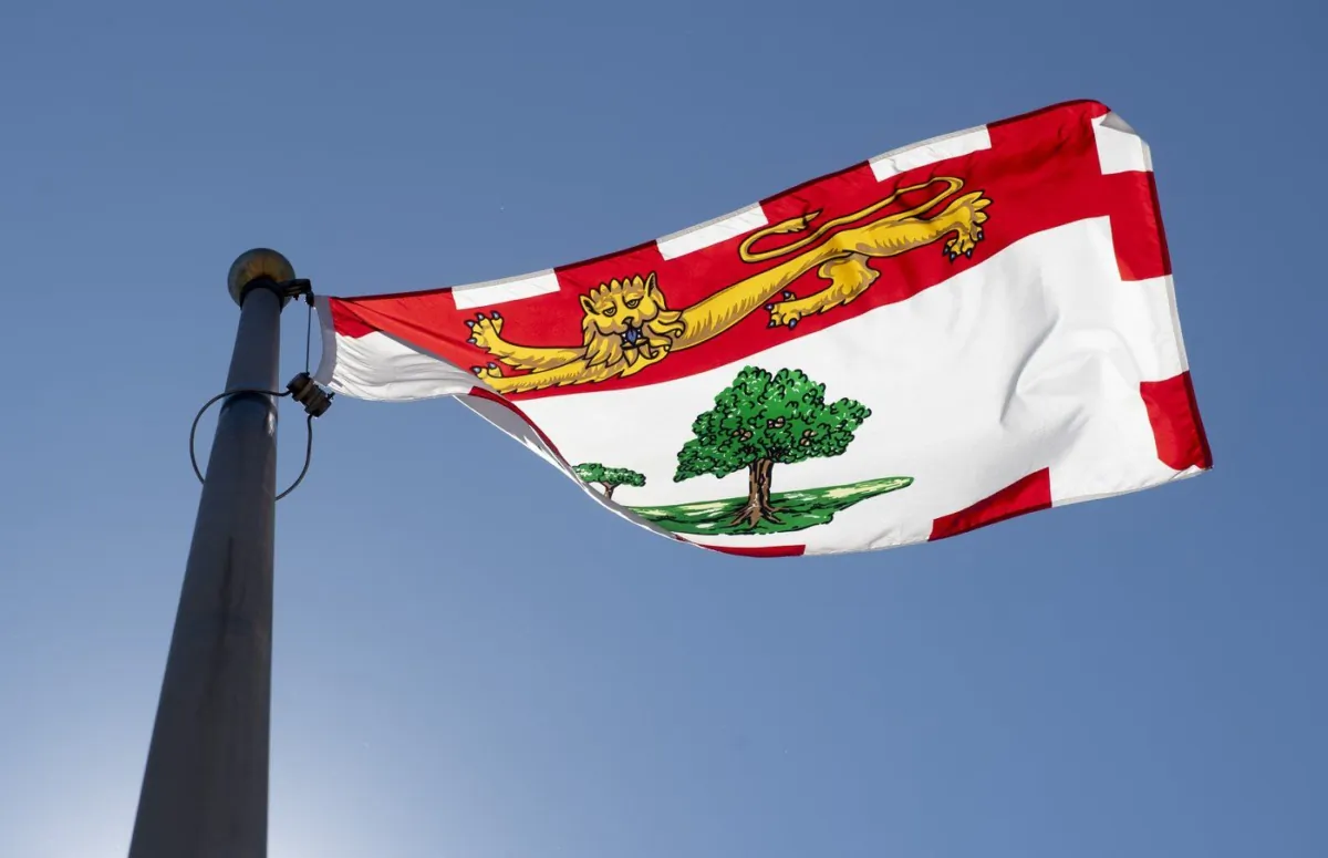 Prince Edward Island's provincial flag flies on a flagpole in Ottawa on July 6, 2020. (The Canadian Press/Adrian Wyld)