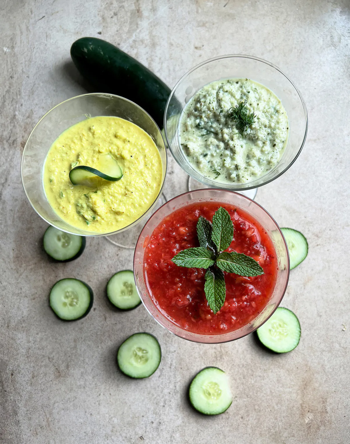 A trio of cold soups with cucumber as a main ingredient. (Gretchen McKay/Pittsburgh Post-Gazette/TNS)