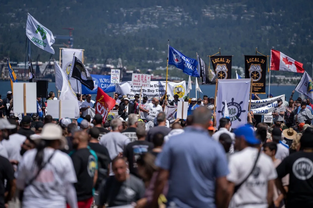 Willie Adams, International President of the International Longshore and Warehouse Union, speaks at a strike rally in Vancouver, B.C., July 9, 2023. (The Canadian Press/Ethan Cairns)