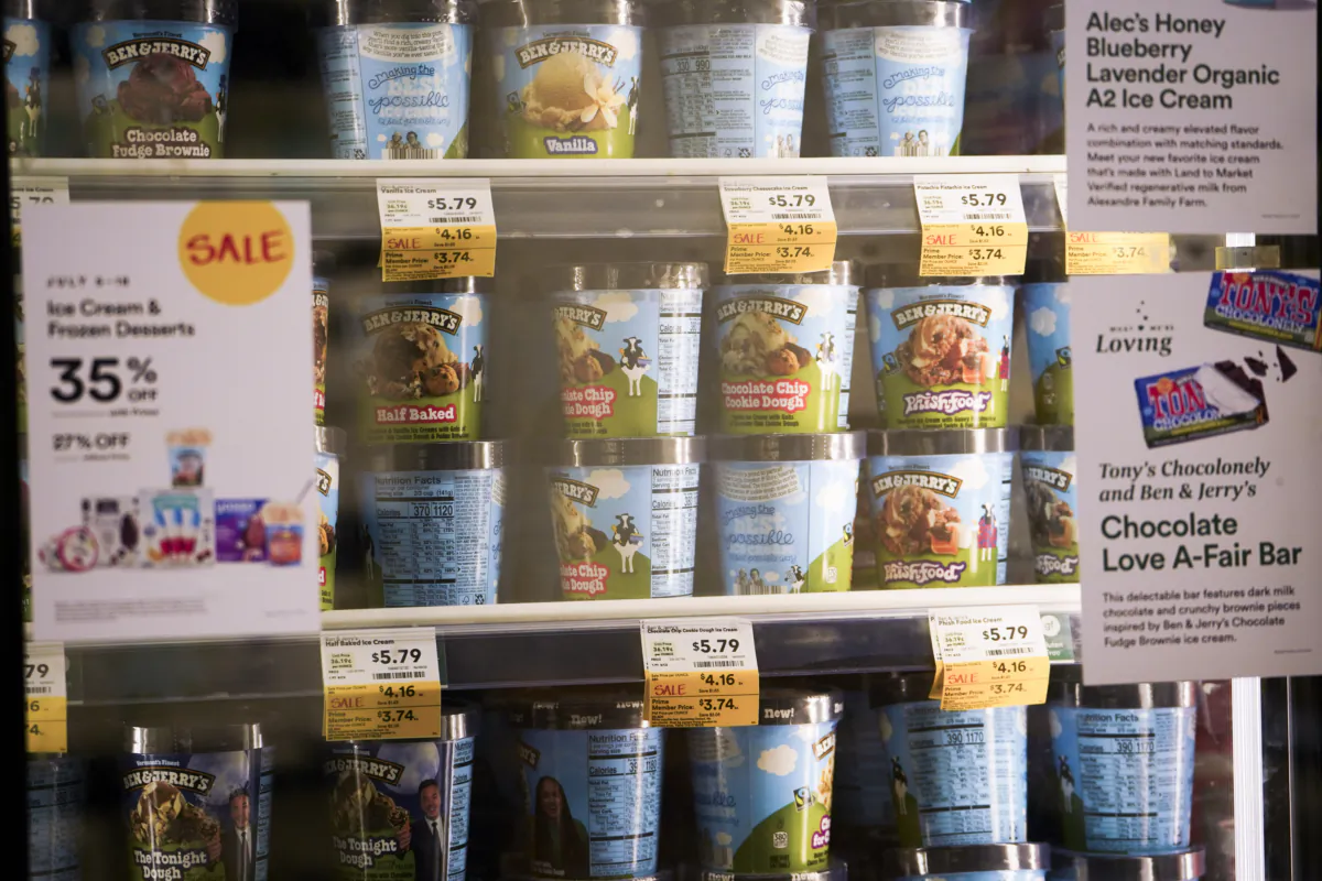 Ben & Jerry’s ice cream in a grocery store in Washington on July 10, 2023. (Madalina Vasiliu/The Epoch Times)