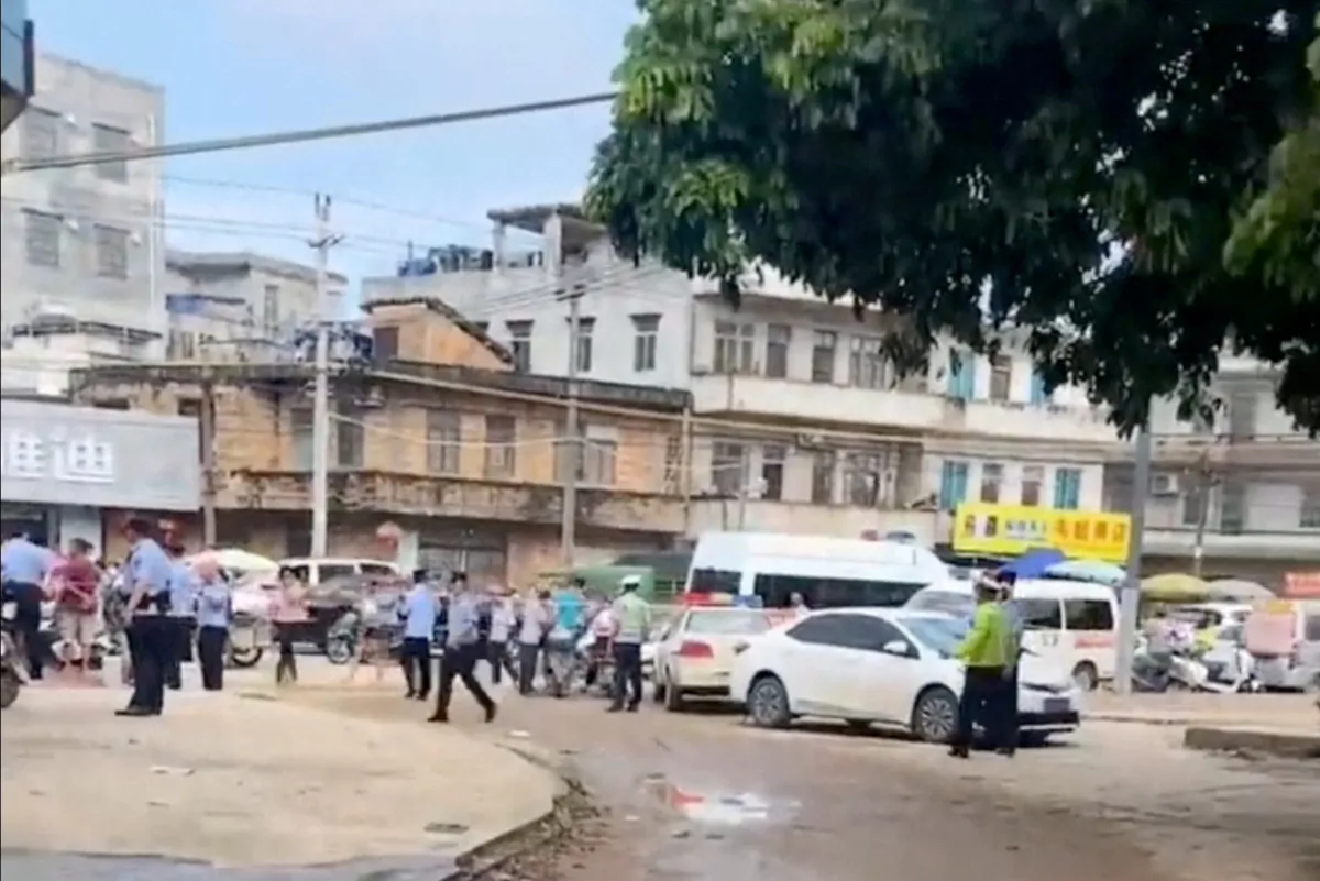 The aftermath of a knife attack at a kindergarten in Lianjiang county, Guangdong Province, China, on July 10, 2023, in a still from a video. (Courtesy of Reuters)