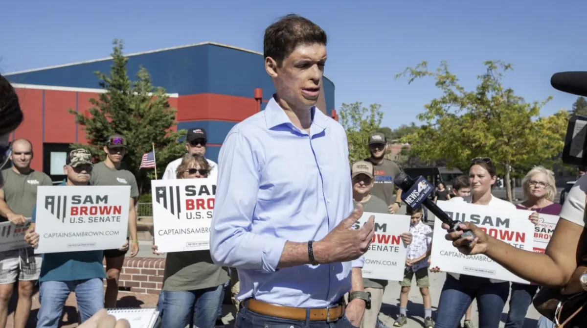 Nevada Republican U.S. Senate candidate Sam Brown speaks to media after voting at Reno High School in Reno, Nev., on June 14, 2022. (Tom R. Smedes / AP Photo)