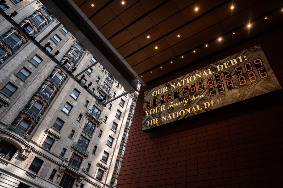 The National Debt Clock in New York City on July 7, 2023. (Samira Bouaou/The Epoch Times)