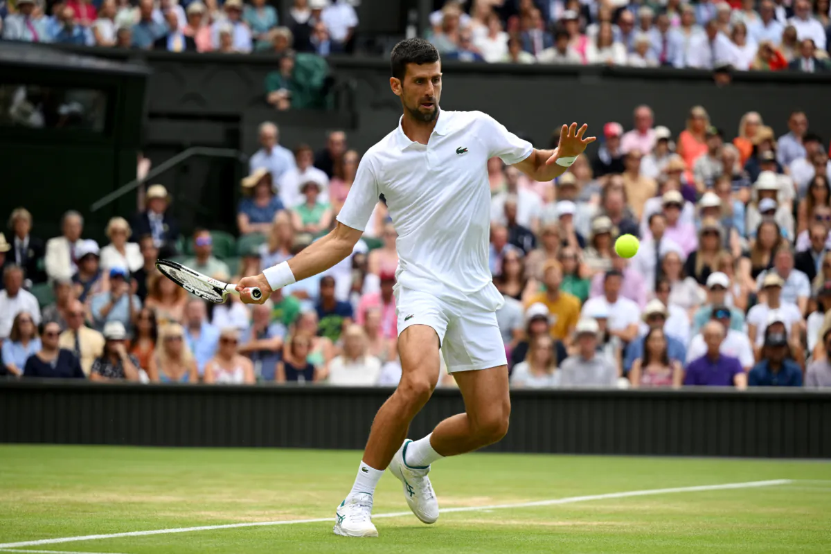 Novak Djokovic of Serbia plays a forehand against Hubert Hurkacz of Poland in the Men's Singles fourth round match during day eight of The Championships Wimbledon 2023 at All England Lawn Tennis and Croquet Club in London on July 10, 2023. (Mike Hewitt/Getty Images)