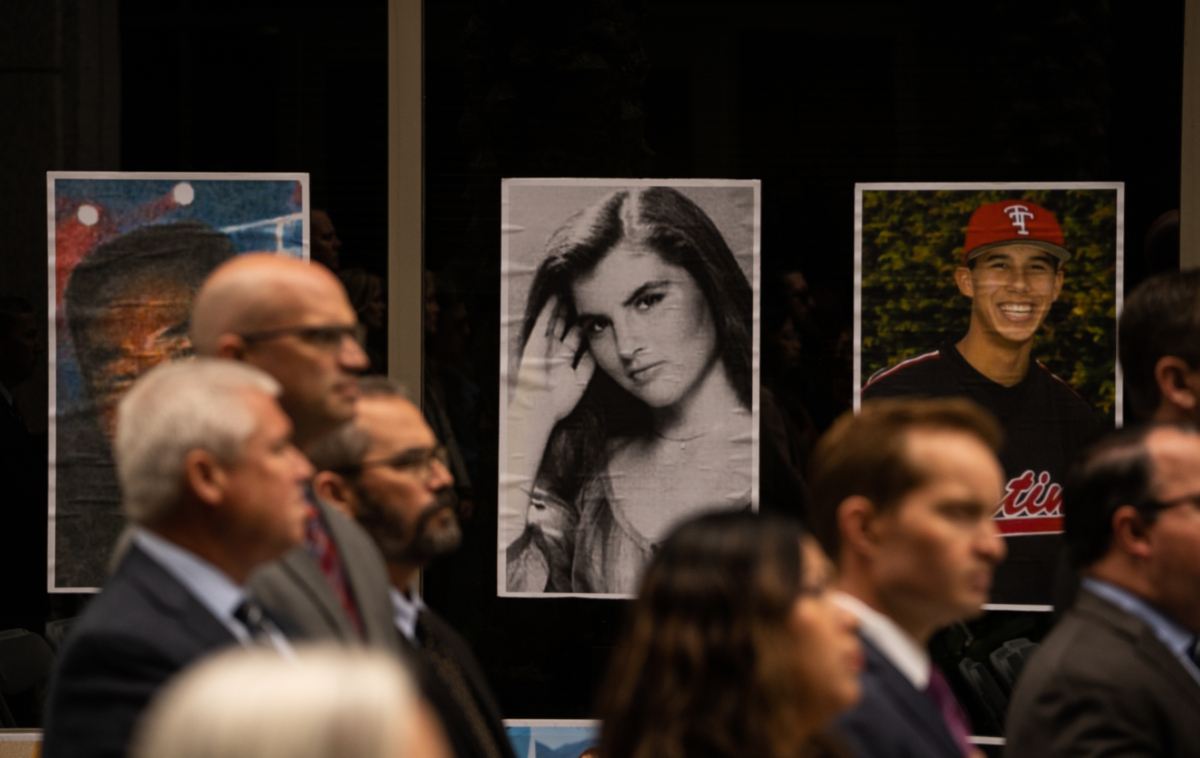 Fentanyl victim photos are displayed in Santa Ana, Calif., on April 24, 2023. (John Fredricks/The Epoch Times)