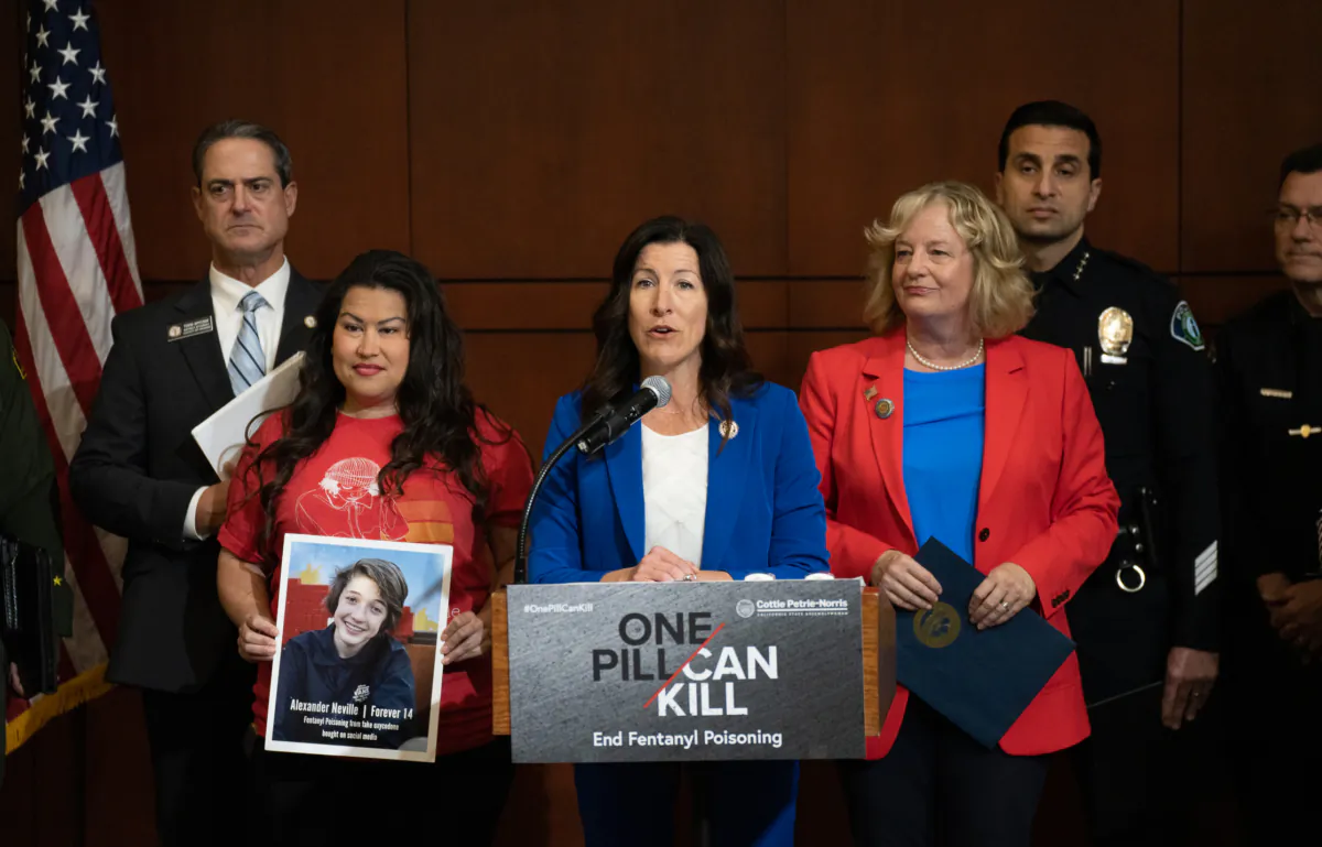 California state Assemblywoman Cottie Petrie-Norris speaks about upcoming fentanyl legislation attempts in Irvine, Calif., on April 28, 2023. (John Fredricks/The Epoch Times)