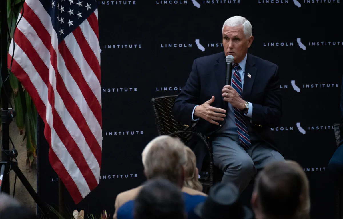 Former Vice President Mike Pence speaks in Anaheim, Calif., on April 18, 2023. (John Fredricks/The Epoch Times)