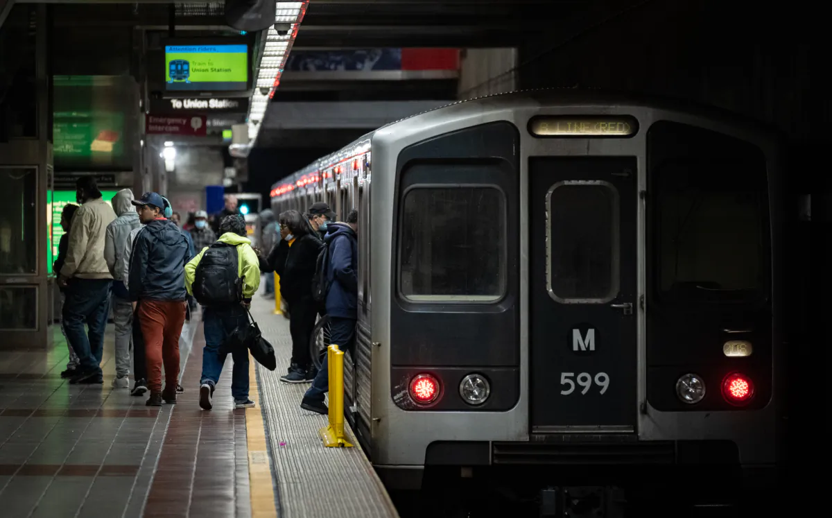 Passengers use the Westlake/Macarthur Park train station in Los Angeles, Calif., on March 20, 2023. (John Fredricks/The Epoch Times)